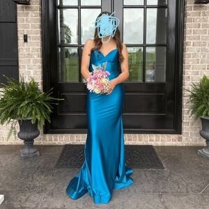 Faviana teal prom dress